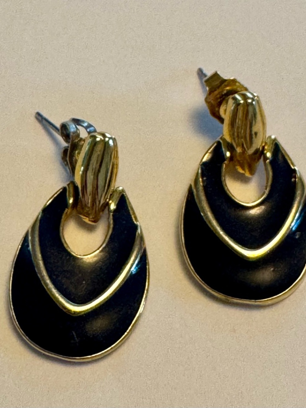 Vintage Black Enamel Gold Tone Teardrop Dangle Earrings | Art Deco